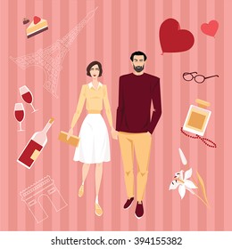 Set of vector illustrations. Beautiful couple traveling together and French collection