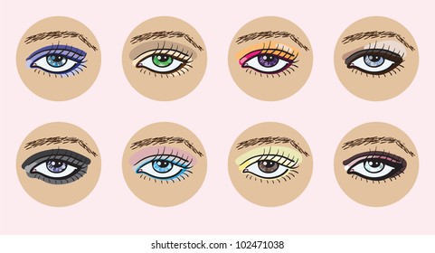 Set of vector illustrations with beautiful female eyes with different makeup
