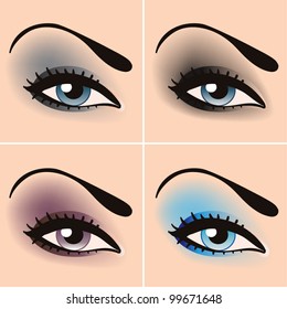 Set of vector illustrations with beautiful female eyes with different makeup