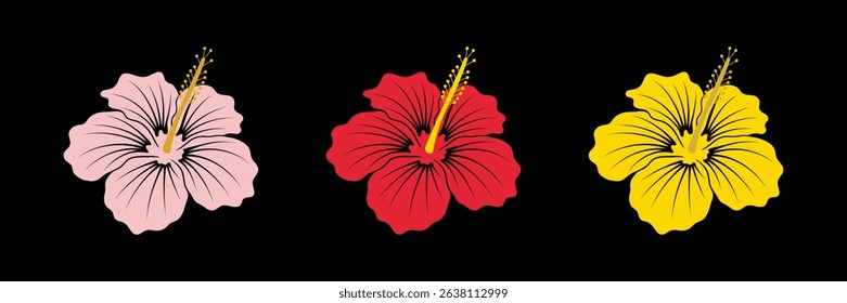 set of vector illustrations of beautiful hibiscus flowers in pink, red, and yellow. perfect for tropical designs, digital art, and floral projects.