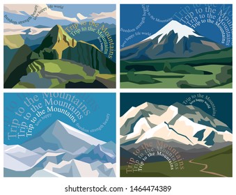 Set of vector illustrations. Beautiful mountain landscapes, snow peaks and mountain valleys.