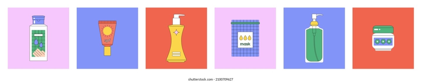 Set of vector illustrations with beauty products. Korean cosmetics. Can be used in magazine, banner, social media, highlights, typographic design. Skin care and online shopping concept.