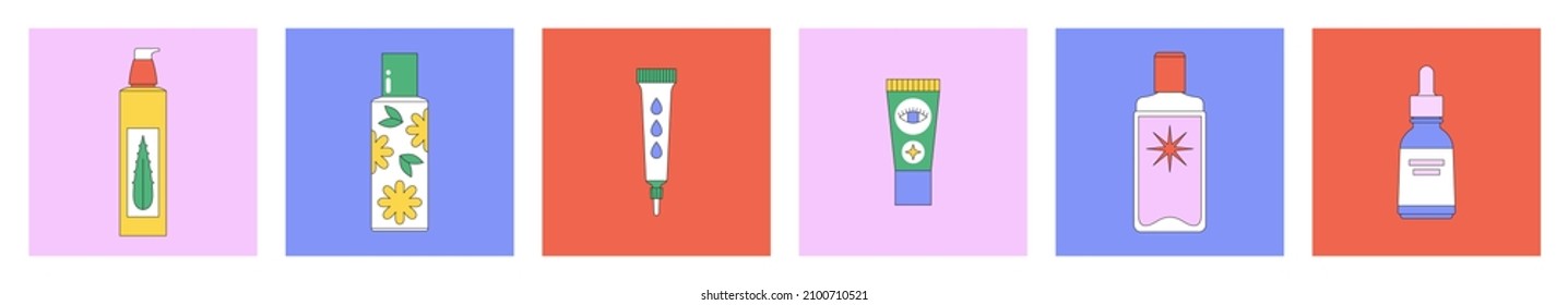 Set of vector illustrations with beauty products. Korean cosmetics. Can be used in magazine, banner, social media, highlights, typographic design. Skin care and online shopping concept.