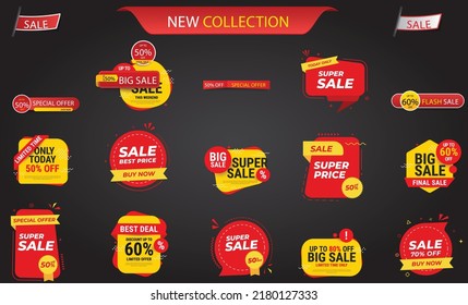 Conjunto de ilustraciones vectoriales Gran venta , súper venta , venta especial etiquetas de banner aisladas en fondo negro