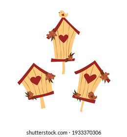 Set of Vector Illustrations of Birdhouses with hearts. Vector Illustrations isolated on white