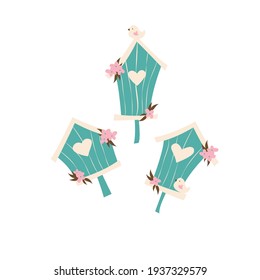 Set of Vector Illustrations of Birdhouses with hearts. Vector Illustrations isolated on white background