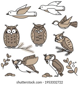 Set of vector illustrations of birds. Image of birds in simple, scandinavian style. Stylized owls, seagulls, atlantic puffin with Fish