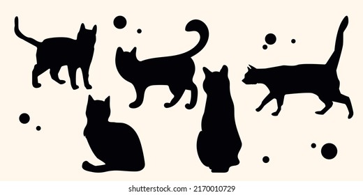  Satz von Vektorgrafiken mit schwarzen Katzen auf weißem Hintergrund für Aufkleber, Tätowierungen, Postkarten usw.