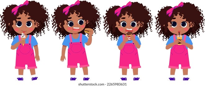 Set of vector illustrations of black girl doing different actions with snacks