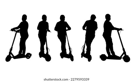 Set of vector illustrations. Black silhouette of teenager на электрическом scooter.