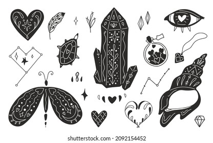 Set of vector illustrations in black and white tattoo style. Mysterious symbols of magic and dreams. The set is suitable for decorating any product, stickers or creating your own design.