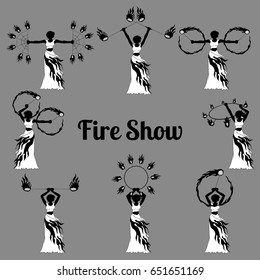 Set of the vector illustrations of the black and white different silhouette of girl with fire show attributes.