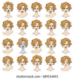 Set of vector illustrations of blond Girl emoticons.