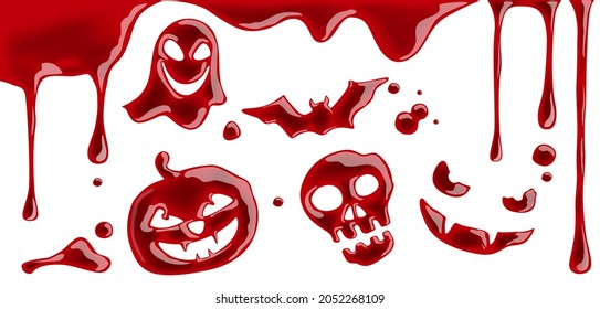 Set of vector illustrations of blood for Halloween. Pumpkin, skull, ghost, bat, vampire, drops and stains of blood.