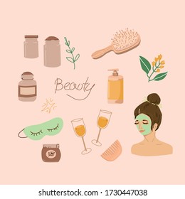 Set of vector illustrations of body care items. Skin care women, girls.