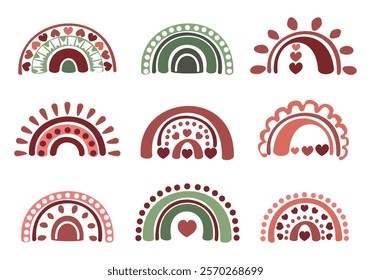 Set of vector illustrations of boho air elements, rainbow, valentine, love, colorful cartoon stickers, lines, ancute elements for decorating your diary or journal. Vector set for easy to edit design.
