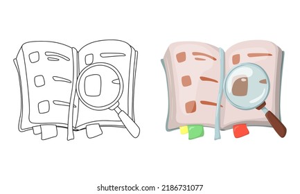 Set of vector illustrations Book and magnifying glass isolated on white background in line art and casual style