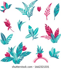 Set of vector illustrations of botanical decorative elements: tropical plants, flowers and bird. Flat image in green and pink colors.
