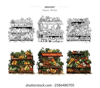 Set of vector illustrations, both colored and outline, featuring a vegetable market, organic market, grocery, farm produce, fruits, and a coloring game