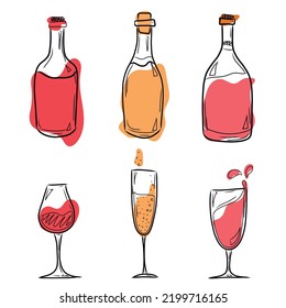 Un conjunto de ilustraciones vectoriales con botellas y vasos de vino tinto y blanco, salpicaduras de agua de vino. Elementos aislados sobre un fondo blanco. Ilustración vectorial en el estilo del dibujo a mano