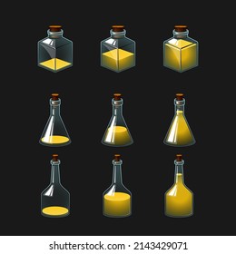 set of vector illustrations of bottles with potion. Bottle with colored liquid drink. Inventory icon for game and application. Glass bottle with cork.