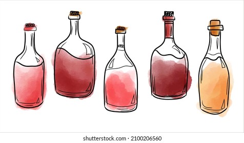 A set of vector illustrations with bottles of red and white wine, watercolor splashes of wine. Isolated elements on a white background. Vector illustration in Hand-draw style