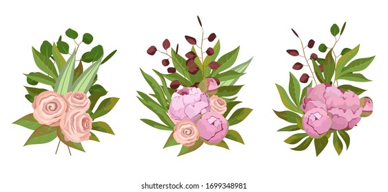Set of vector illustrations of bouquets of flowers. Three spring bouquets of pink peonies and roses. Realistic floral arrangements. Boutonniere