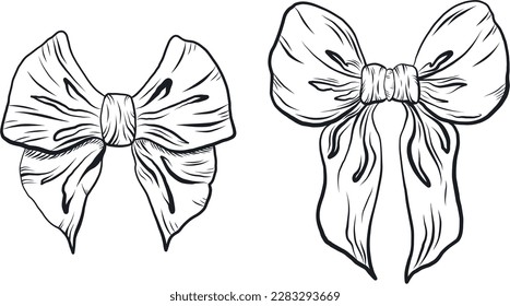 A set of vector illustrations of bows. Bows are highlighted on a white background. Cute baby bows, vector illustration. Women's accessories. Bows line art.