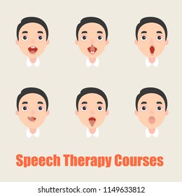 Set of vector illustrations of a boy doing exercises for the development of speech. Speech therapy.