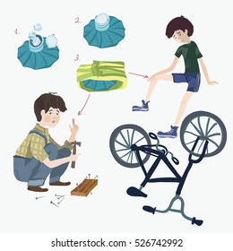 Set of vector illustrations. The boy fell off the bike and hit his knee. Boy hit with a hammer on a finger. Nails and hammer. Injuries, bruises. Medical ice pack. Instructions for use.