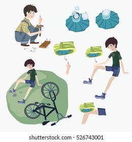 Set of vector illustrations. The boy fell off the bike and hit his knee. Boy hit with a hammer on a finger. Nails and hammer. Injuries, bruises. Medical ice pack. Instructions for use.