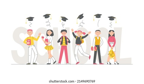 Set of vector illustrations of boys and girls, schoolchildren. Pupils with books and backpacks isolated on white. Collection of children with square academic cap
