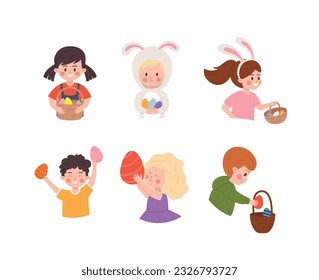 Set of vector illustrations of boys and girls with bunny ears enjoy hunting Easter eggs, have fun. Great Happy Easter decoration, banner, flyer, postcards design isolated on white background