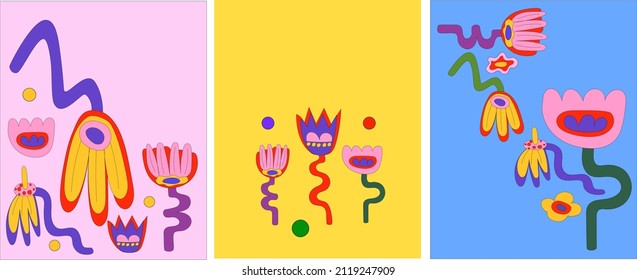 A set of vector illustrations. Bright fancy flowers in the hippie style of the 60s -70s.  Vintage postcard, print, poster. Space for text.