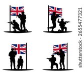 Set of vector illustrations of British army silhouette in front of the United Kingdom flag. Soldiers standing, crouching and aiming with rifles on transparent background. UK military force concept