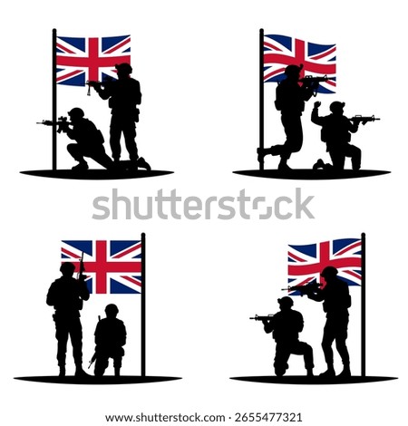 Set of vector illustrations of British army silhouette in front of the United Kingdom flag. Soldiers standing, crouching and aiming with rifles on transparent background. UK military force concept