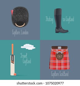 Set Of Vector Illustrations With British, English Symbols - Beefeater Hat, Kilt. Design Elements For Visit United Kingdom Concept 