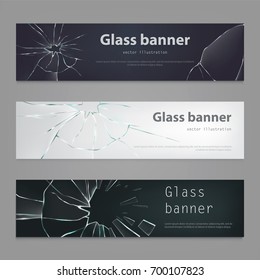 Set of vector illustrations of broken glass banners , broken, cracked glass in realistic style. Background, element for design