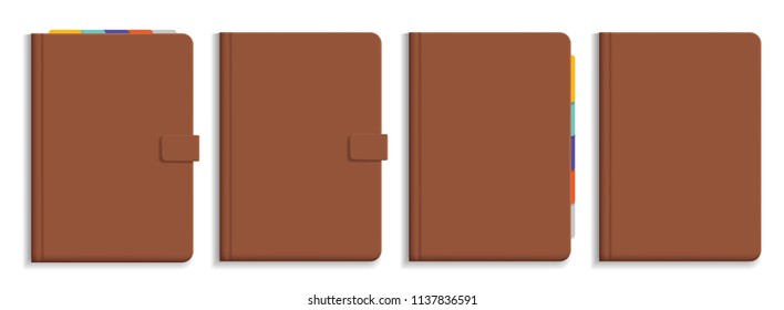 Set of vector illustrations of brown leather diary with colorful bookmarks, isolated on white background