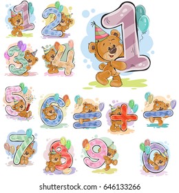 A Set Of Vector Illustrations With A Brown Teddy Bear And Numerals And Mathematical Symbols. Prints, Templates, Design Elements For Greeting Cards, Invitation Cards, Postcards