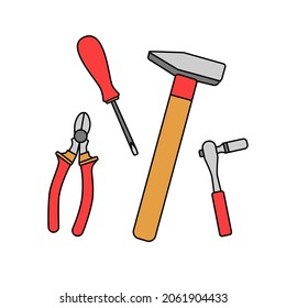 Set of vector illustrations. Building and car tools, instruments: hammer, pliers, 
screwdriver, ratchet. Minimal flat elements. Black contours. Red and orange. Repair, service. Symbols, icons