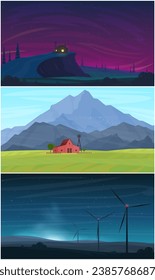 Set of vector illustrations. Buildings on the background of wild nature. Farms are classic and electric. Fields of windmills and fields on the plains. Mountains and valleys.