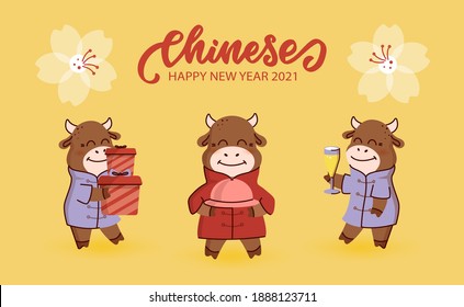 The set of vector illustrations with bull for Chinese Happy New Year 2021. Collection of cartoon animals with lettering phrase