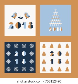 a set of vector illustrations with bullfinches, berries, snowflakes, Christmas trees and a glass tower;  for 2018 New Year cards, posters, invitations; two seamless patterns