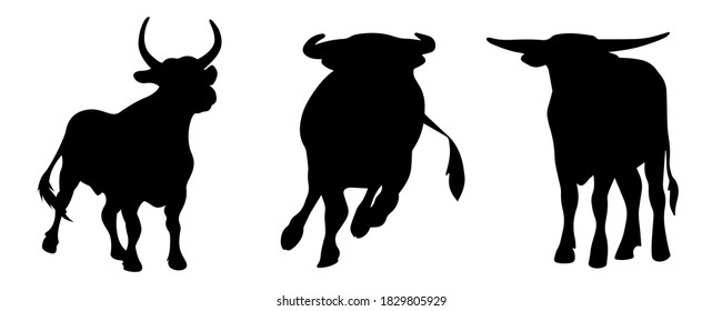 A set of vector illustrations of bulls in different poses. Silhouette of a powerful bull with horns. Animal as a symbol of 2021. Image of livestock, wild bulls and buffaloes.
