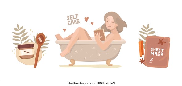 Set of vector illustrations, bundle. The girl takes bath and reads a book. Handwritten lettering self-care. Cosmetic packaging and tropical leaves. Face sheet mask and cream. Home spa treatments.