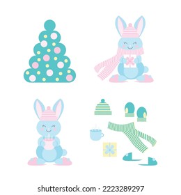 A set of vector illustrations with a bunny, a Christmas tree, a hat and a scarf.