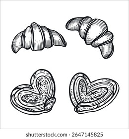 A set of vector illustrations. Buns, sweet buns, croissants, all objects are hand-drawn in vector ink. The illustration is suitable for the design of bakeries, confectioneries, and food packaging.