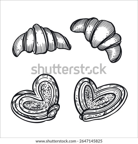 A set of vector illustrations. Buns, sweet buns, croissants, all objects are hand-drawn in vector ink. The illustration is suitable for the design of bakeries, confectioneries, and food packaging.