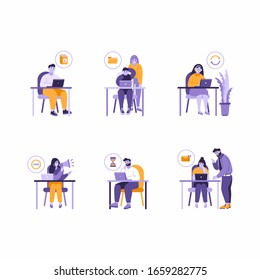 Set Of Vector Illustrations Of Business Office People Working At The Table With Laptop. Issues Solving, Missing Files, Job Is Done, Unread Messages, Process At Work Icons Of Men And Women.